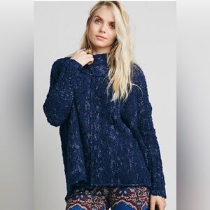 FREE PEOPLE Nightingale Sweater Blue Mock Neck Knit Oversized XS